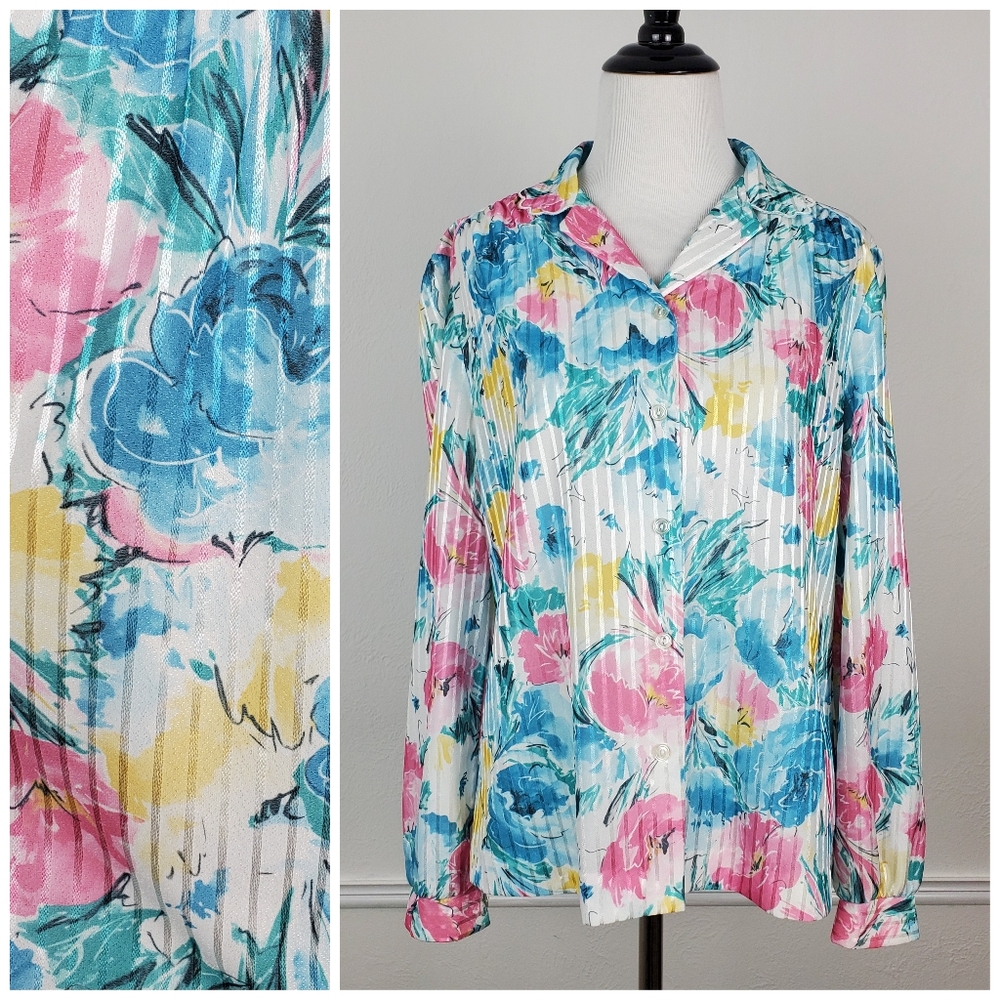 Vintage Graff Californiawear Blouse 80s Pastel Shiny Floral Retro Housewife